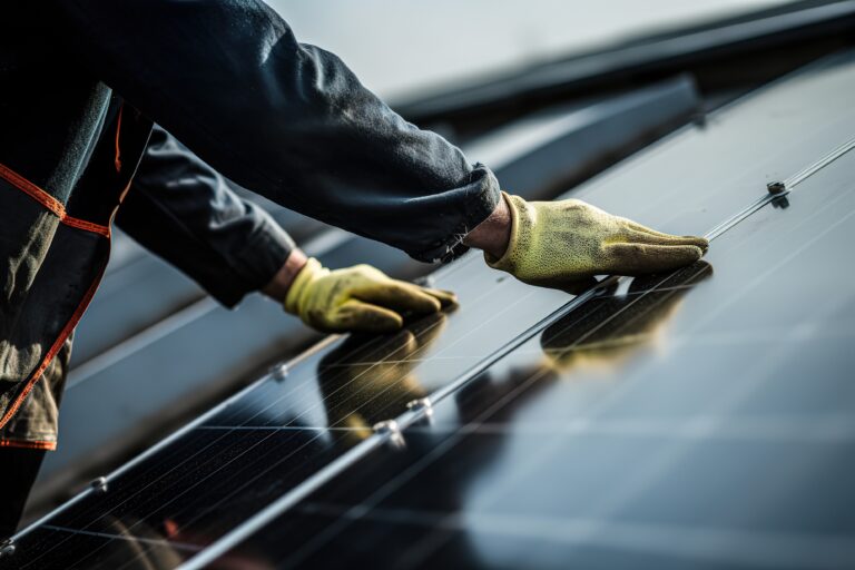 installateur posant un panneau photovoltaïque